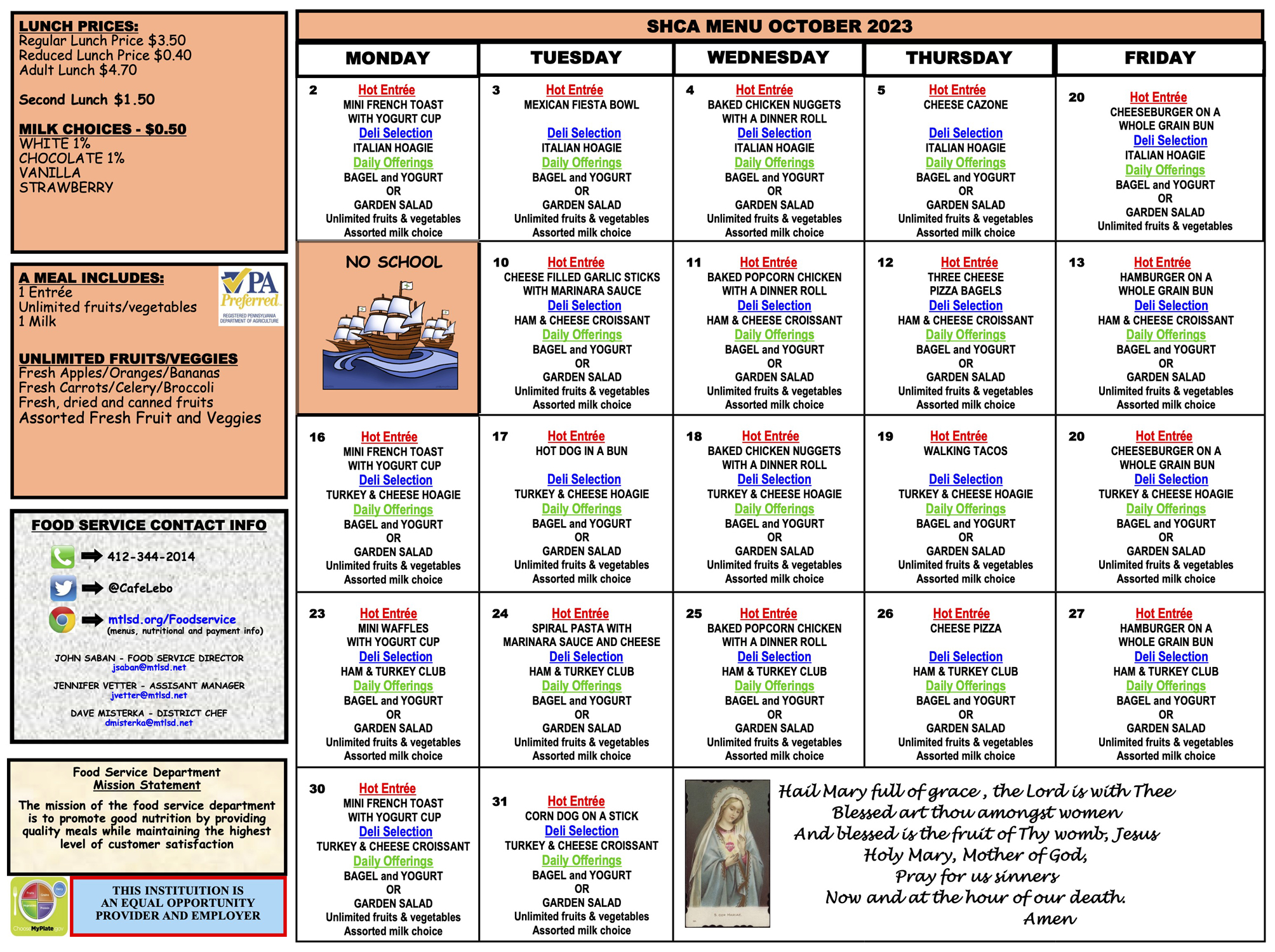 Calendar & Food Service South Hills Catholic Academy